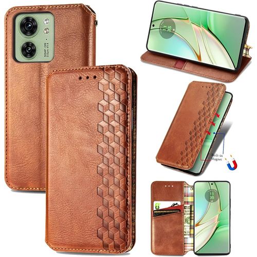 Coque Pour Motorola Edge 40, Antichoc Housse tui En Cuir Flip Case Portefeuille Avec Motif Losange 3d Porte Carte Adsorption Magntique Pour Moto Edge 40, Marron