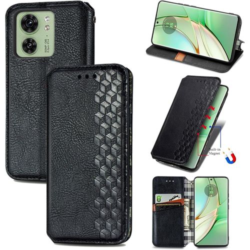 Coque Pour Motorola Edge 40, Antichoc Housse tui En Cuir Flip Case Portefeuille Avec Motif Losange 3d Porte Carte Adsorption Magntique Pour Moto Edge 40, Noir