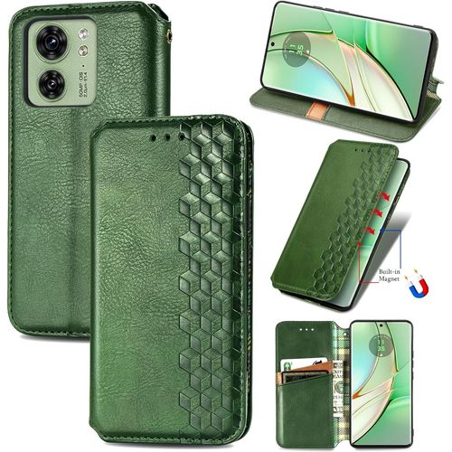 Coque Pour Motorola Edge 40, Antichoc Housse tui En Cuir Flip Case Portefeuille Avec Motif Losange 3d Porte Carte Adsorption Magntique Pour Moto Edge 40, Vert
