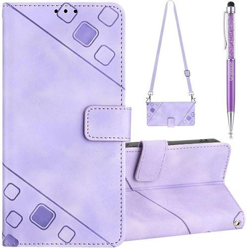 Coque Pour Motorola Moto G22/E32 4g/E32s Avec Cordon, Rglable Lanyard Housse Rabat Portefeuille Cuir Etui, Slim Tpu Silicone Bumper Magntique Housse, Antichoc Wallet Case (Violet)