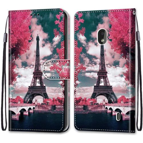 Coque Pour Nokia 2.2 Portefeuille Etui  Rabat En Pu Cuir Avec Motif,Poche Porte-Cartes,Multi-Usage Peint Housse Cuir Case Magntique Tour Fleur Rose Protection Pour Nokia 2.2 5.71-Pouces