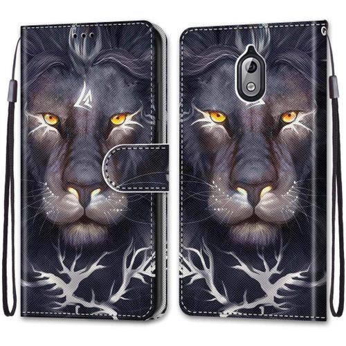 Coque Pour Nokia 3.1 Portefeuille Etui  Rabat En Pu Cuir Avec Motif,Poche Porte-Cartes,Multi-Usage Peint Housse Cuir Case Magntique Lion Noir Protection Pour Nokia 3.1 Nokia 3 2018 5.2