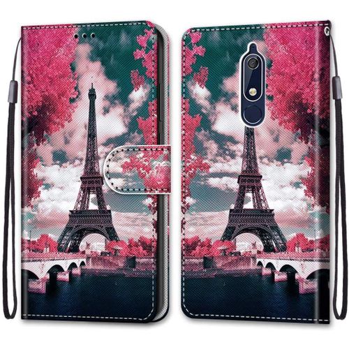Coque Pour Nokia 5.1 Portefeuille Etui  Rabat En Pu Cuir Motif,Poche Porte-Cartes,Multi-Usage Peint Housse Cuir Case Magntique Tour Fleur Rose Protection Pour Nokia 5.1 5.5