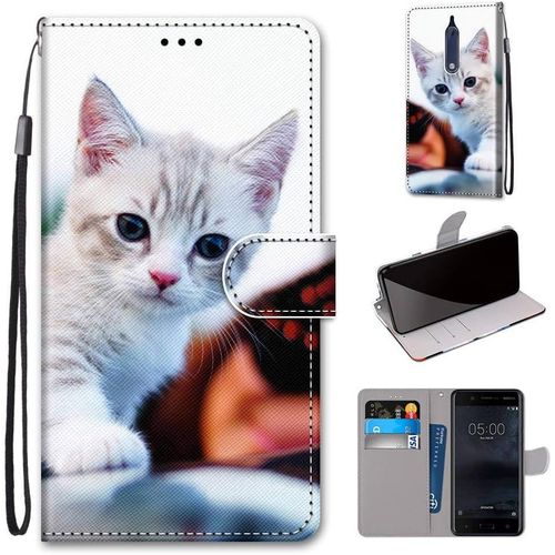 Coque Pour Nokia 5 Portefeuille Etui  Rabat En Pu Cuir Avec Motif,Poche Porte-Cartes,Multi-Usage Peint Housse Cuir Case Magntique Chat Blanc Protection Pour Nokia 5 2017 5.2-Pouces