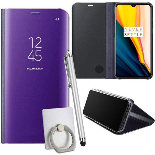 Coque Pour Oneplus 7t Smartphone Clear View Case Placage Miroir Effet Coque  Rabat Pu Cuir Anti Choc Housse Avec Fonction De Support - Violet
