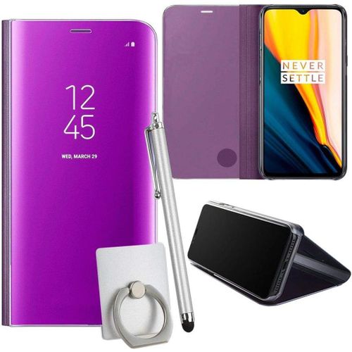 Coque Pour Oneplus 7t Smartphone Clear View Case Placage Miroir Effet Coque  Rabat Pu Cuir Anti Choc Housse Avec Fonction De Support - Violet Clair