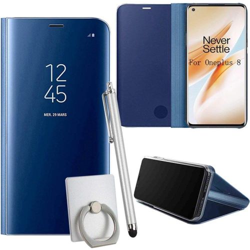 Coque Pour Oneplus 8 Smartphone Clear View Case Placage Miroir Effet Coque  Rabat Pu Cuir Anti Choc Housse Avec Fonction De Support - Bleu