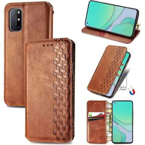 Coque Pour Oneplus 8t, Antichoc Housse tui En Cuir Flip Case Portefeuille Avec Motif Losange 3d Porte Carte Adsorption Magntique Pour Oneplus 8t, Marron
