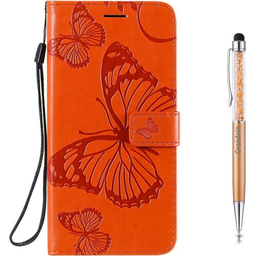 Coque Pour Oneplus 8t, Papillon Gaufrage Housse Rtro Pu En Cuir Premium Bookstyle Flip Portefeuille Etui Avec Tpu Silicone Souple Phone Case Avec Fermeture Magntique (Orange