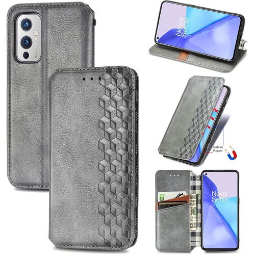 Coque Pour Oneplus 9, Antichoc Housse tui En Cuir Flip Case Portefeuille Avec Motif Losange 3d Porte Carte Adsorption Magntique Pour Oneplus 9, Gris