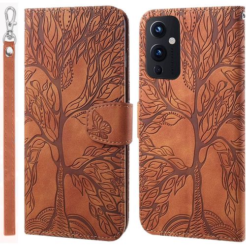 Coque Pour Oneplus 9 Rabat,Relief Arbre De Vie Cuir/Antichoc Flip Cover Case,Housse Clapet,Portefeuille Etui Avec Fonction Support Et Porte-Carte.Brun