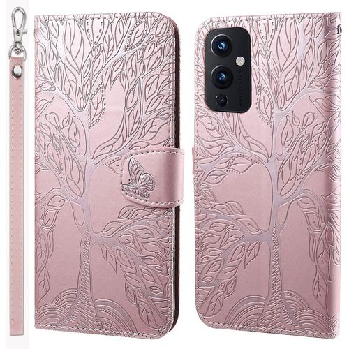Coque Pour Oneplus 9 Rabat,Relief Arbre De Vie Cuir/Antichoc Flip Cover Case,Housse Clapet,Portefeuille Etui Avec Fonction Support Et Porte-Carte.Rose