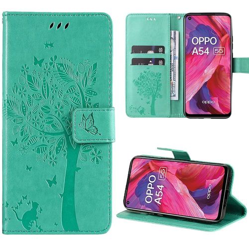Coque Pour Oppo A54 5g, Motif Arbre Papillon Fleur Elgant Portefeuille Effet Cuir Vert (Pas Pour A54 4g) - Booling