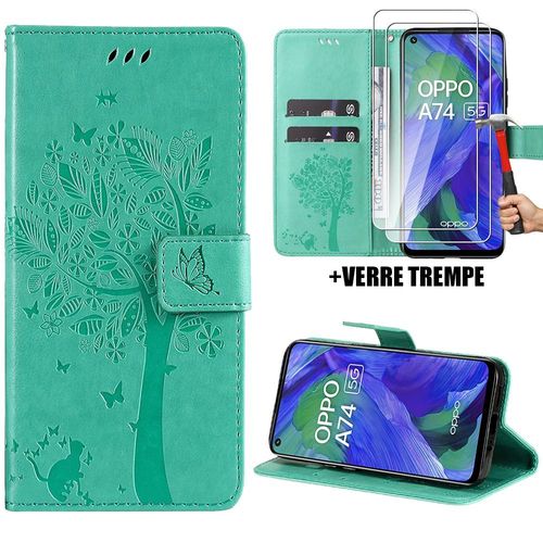 Coque Pour Oppo A74 5g, Effet Cuir Vert Motif Arbre Chat + 2 Protection D'cran Verre Tremp (Pas Pour Oppo A74 4g) - Booling