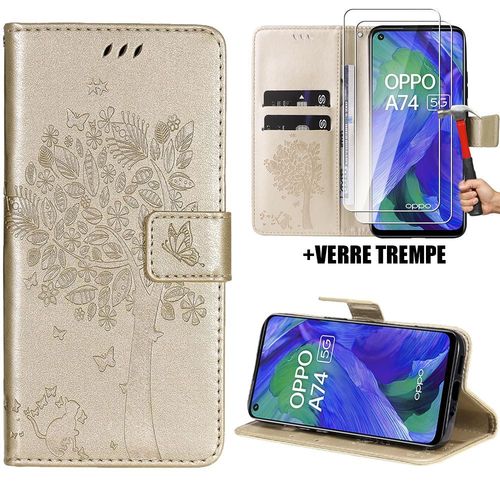 Coque Pour Oppo A74 5g, Flip Case Cuir Synthtique Dor Elgant En Motif Fleur Arbre + 2 Verres Tremps (Pas Pour Oppo A74 4g) - Booling
