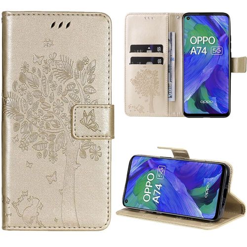 Coque Pour Oppo A74 5g, Flip Case Cuir Synthtique Dor Elgant En Motif Fleur Arbre (Pas Pour Oppo A74 4g) - Booling