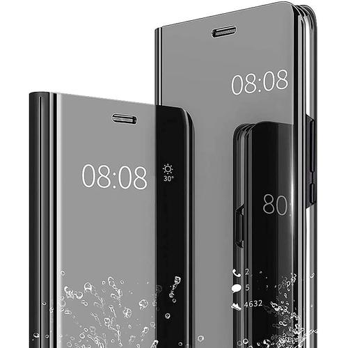 Coque Pour Oppo A94 5g,tui Housse Transparente Antichoc Intelligente Coque Flip Cover,Standing Placage Technologie Clear View Mirror Protection Case,Noir