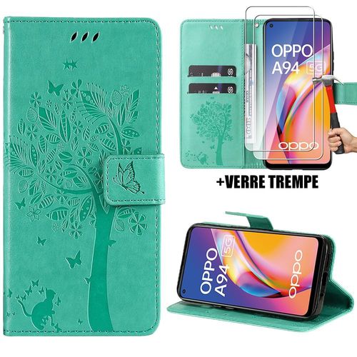 Coque Pour Oppo A94 5g, Flip Case Synthcuir Vert Motif Arbre Papillon Elgant + 2 Protection D'cran Verre Tremp (Pas Pour A94 4g) - Booling