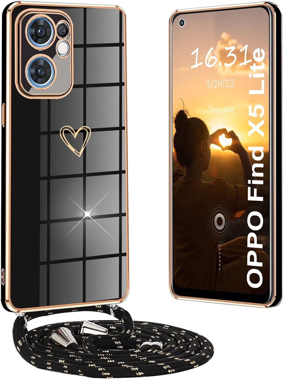 Coque Pour Oppo Find X5 Lite Avec Cordon Et Collier - Housse Antichoc Rglable Avec Motif C?ur D'amour - tui Avec Cordon, Noir