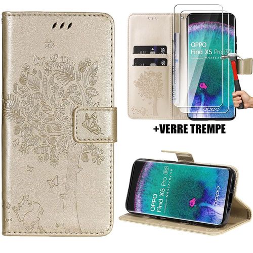 Coque Pour Oppo Find X5 Pro, Protection Antichoc Synthcuir Dor Motif Arbre Chat Fleur + 2 Protection D'cran Verre Tremp - Booling