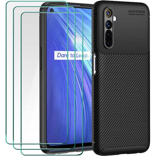 Coque Pour Oppo Realme 6 Oppo Realme 6s, Avec 3 Pices En Verre Tremp, tui De Protection Antichoc Noir En Fibre De Carbone, Housse Antichoc En Silicone Tpu Souple