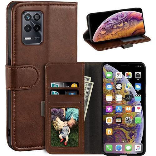 Coque Pour Oppo Realme 9, tui De Tlphone De 6,5 Pouces En Cuir Pu Magntique Style Portefeuille, tui  Rabat Tendance Avec Fente Pour Cartes Et Bquille Pour Oppo Realme 9 16,5 Cm - Marron Fonc