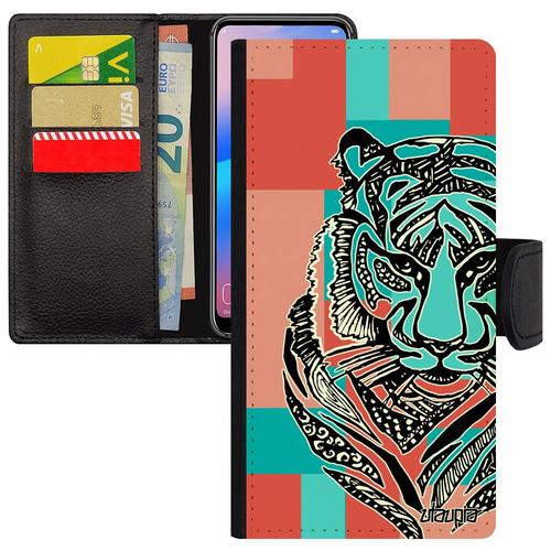 Coque Pour P10 Lite  Rabat Porte Cartes Tigre Carr Tribal Etui Animaux Afrique Fauve Cube Cadeau De Noel Rose Dessin Mobile Huawei