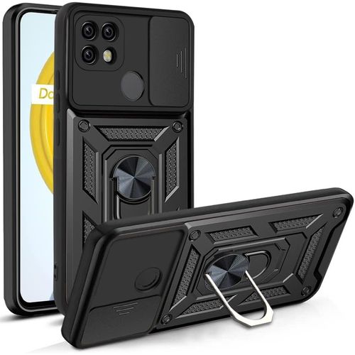 Coque Pour Realme C11 2021 /C20 /C21, Etui Silicone Tpu + Rsistante Aux Chocs Pc, Antichoc Case Avec Porte-Bague Et Cache Camra Coulissant - Noir
