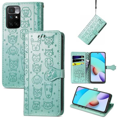 Coque Pour Redmi 10, Antichoc Housse tui En Cuir Pu Flip Case Portefeuille Avec Motif De Chat De Dessin Anim Porte Carte Fermeture Magntique Pour Redmi 10, Vert