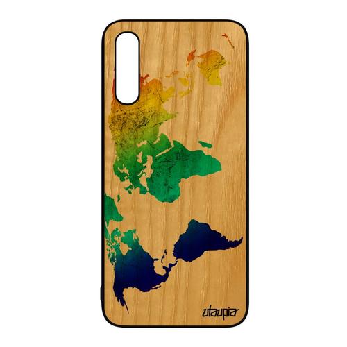 Coque Pour Samsung A50 Bois Silicone Carte Monde Effet Geographie Terre Rouge Atlas Globe Smartphone Jolie Etui Housse Unique Galaxy