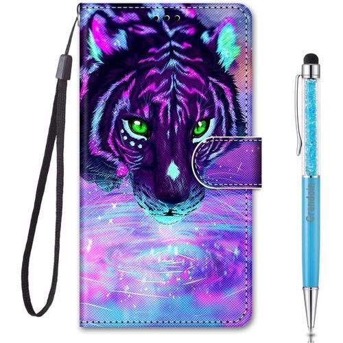 Coque Pour Samsung A73 5g, Housse Galaxy A73 5g, Etui Samsung A73, Coque Protection Samsung A73, Rabat/Clapet Cuir Portefeuille Livre Emplacement Carte Flip/Folio Phone Case (Tigre Violet)