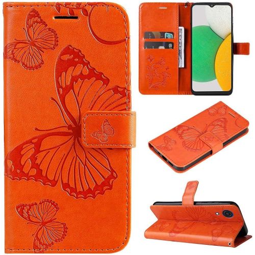 Coque Pour Samsung Galaxy A03 Core - Motif Papillon - En Cuir Synthtique - Avec Rabat Magntique - Avec Fentes Pour Cartes - Dragonne - Pour Samsung Galaxy A03 Core - Orange