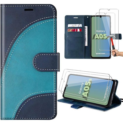 Coque Pour Samsung Galaxy A05s, Bleu, Motif Abstrai En Cuir Pu Avec Porte-Cartes Et Support + 2 Verres Tremps (Pas Pour A05) - E.F.Connection