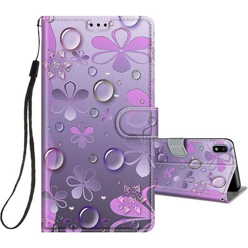 Coque Pour Samsung Galaxy A10 2019 Cuir  Rabat Etui Folio Portefeuille Pour Filles Femme, Housse Cuir Fentes Pour Cartes tui Antichoc 360 Degrs Cover Silicone - Fleur Pourpre