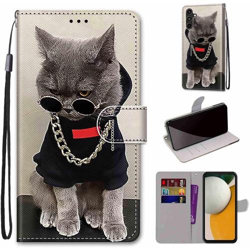 Coque Pour Samsung Galaxy A15 Cuir Synthtique Flip Case Tlphone Magntique Silicone Portefeuille tui En Cuir,Collier Chat