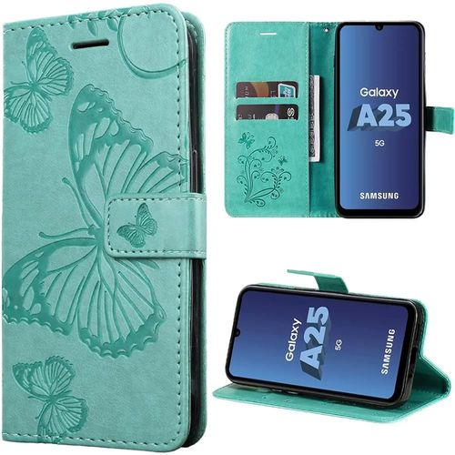Coque Pour Samsung Galaxy A25 5g - Vert - Antichoc En Simili Cuir Et Tpu Avec Porche  Cartes Et Support, Motif Papillon - Booling