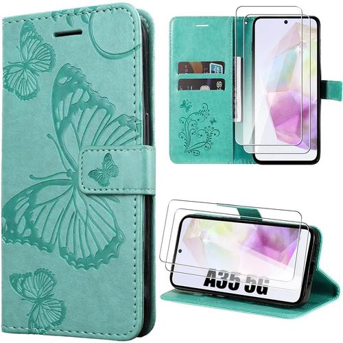 Coque Pour Samsung Galaxy A35 5g + 2 Verres Tremps. Cuir Synthtique  Motif Papillon Avec Porte-Cartes Et Support - Vert - Booling