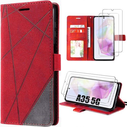 Coque Pour Samsung Galaxy A35 5g, Rouge, Effet Cuir Rtro Et Intrieur Tpu Avec Fonction De Suppport + 2 Verres Tremps - Booling