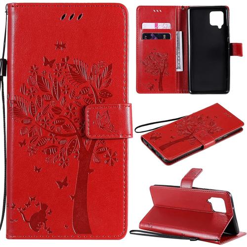 Coque Pour Samsung Galaxy A42 5g, Etui Samsung A42 5g, Antichoc Tpu Housse Cuir Flip Case Portefeuille Etui Rabat [MagnTique] Coque De Protection Fentes Pour Cartes Cover (Rouge)