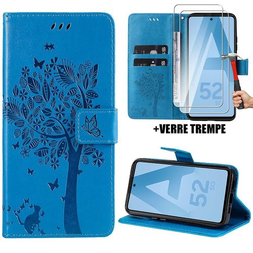 Coque Pour Samsung Galaxy A52 4g/5g A52s 5g, Effet Cuir Bleu Motif Arbre Chat + 2 Protection D'cran Verre Tremp - Booling