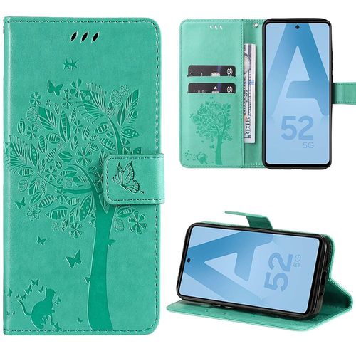 Coque Pour Samsung Galaxy A52 4g/5g A52s 5g, Housse Flip Case Cuir Synthtique Vert Avec Motif Arbre - Booling