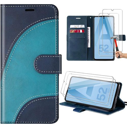 Coque Pour Samsung Galaxy A52s 5g Et A52 5g/4g, Bleu, Effet Cuir  Motif Vague Avec Porte-Cartes Et Support + 2 Verres Tremps - E.F.Connection