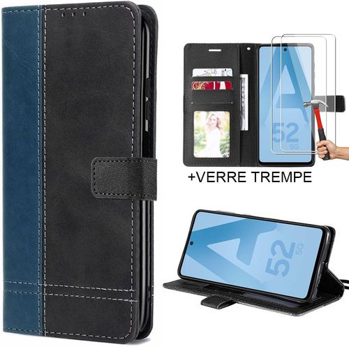 Coque Pour Samsung Galaxy A52s A52 4g/5g Avec 2 Verres Tremps, Synthcuir Bicolore Bleu Marine - E.F.Connection