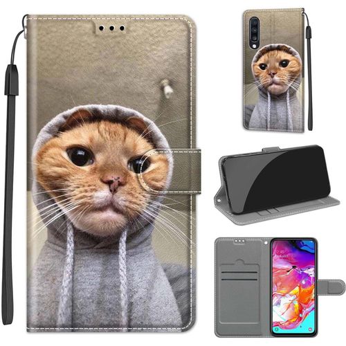Coque Pour Samsung Galaxy A70 (2019), Housse De Protection Etui A Rabat Premium En Cuir Pu Avec Fonction Stand Porte Carte Flip Case Motif Cover Pour Samsung A70 2019 - Chat Orange