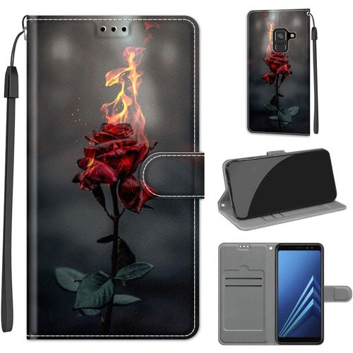 Coque Pour Samsung Galaxy A8 2018, Housse De Protection Etui  Rabat Premium En Cuir Pu Avec Fonction Stand Porte Carte Flip Case Motif Cover Pour Samsung A8 2018 - Rose De Feu