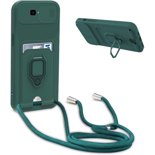 Coque Pour Samsung Galaxy J4 Plus,Rglable Lanyard Case En Silicone Cover,Portefeuille Fentes Cartes Housse Avec Anneau Rotatif  360 Degrs,Vert Fonc