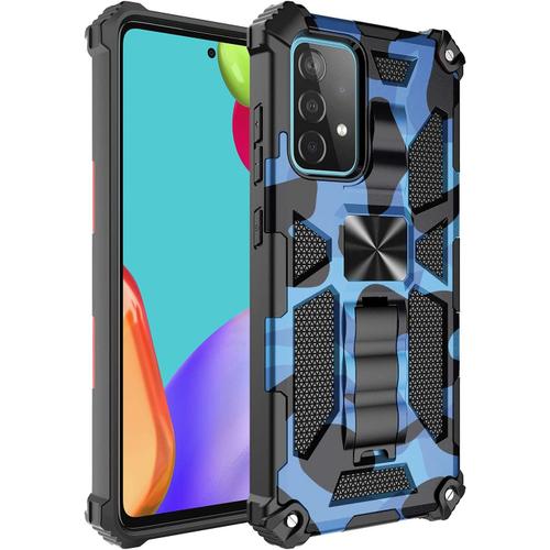 Coque Pour Samsung Galaxy M53 5g,Housse Etui Avec [Support][Magntique],Conception De Camouflage,Pc/Tpu Antichoc Silicone Bumper Outdoor Cover Case,Bleu