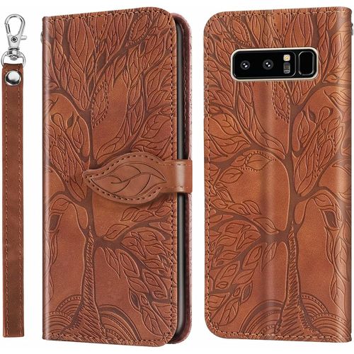 Coque Pour Samsung Galaxy Note 8, Avec Protection D'cran , Coque En Cuir Haut De Gamme Avec Fonction De Support Et Emplacement Pour Carte, Motif En Relief 3d, Arbre De Vie, Marron