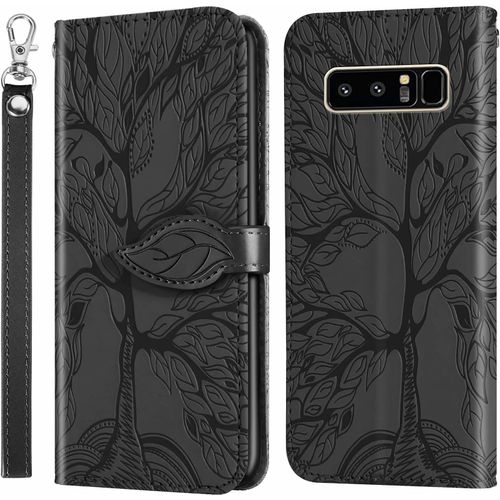 Coque Pour Samsung Galaxy Note 8, Avec Protection D'cran , Coque En Cuir Haut De Gamme Avec Fonction De Support Et Emplacement Pour Carte, Motif En Relief 3d, Arbre De Vie, Noir