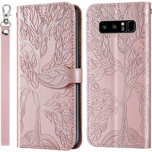 Coque Pour Samsung Galaxy Note 8, Avec Protection D'cran , Coque En Cuir Haut De Gamme Avec Fonction De Support Et Emplacement Pour Carte, Motif En Relief 3d, Arbre De Vie, Or Rose